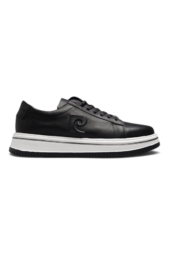 Sporline Pierre Cardin siyah deri erkek sneaker, kalın beyaz tabanlı şık günlük spor ayakkabı tasarımı
