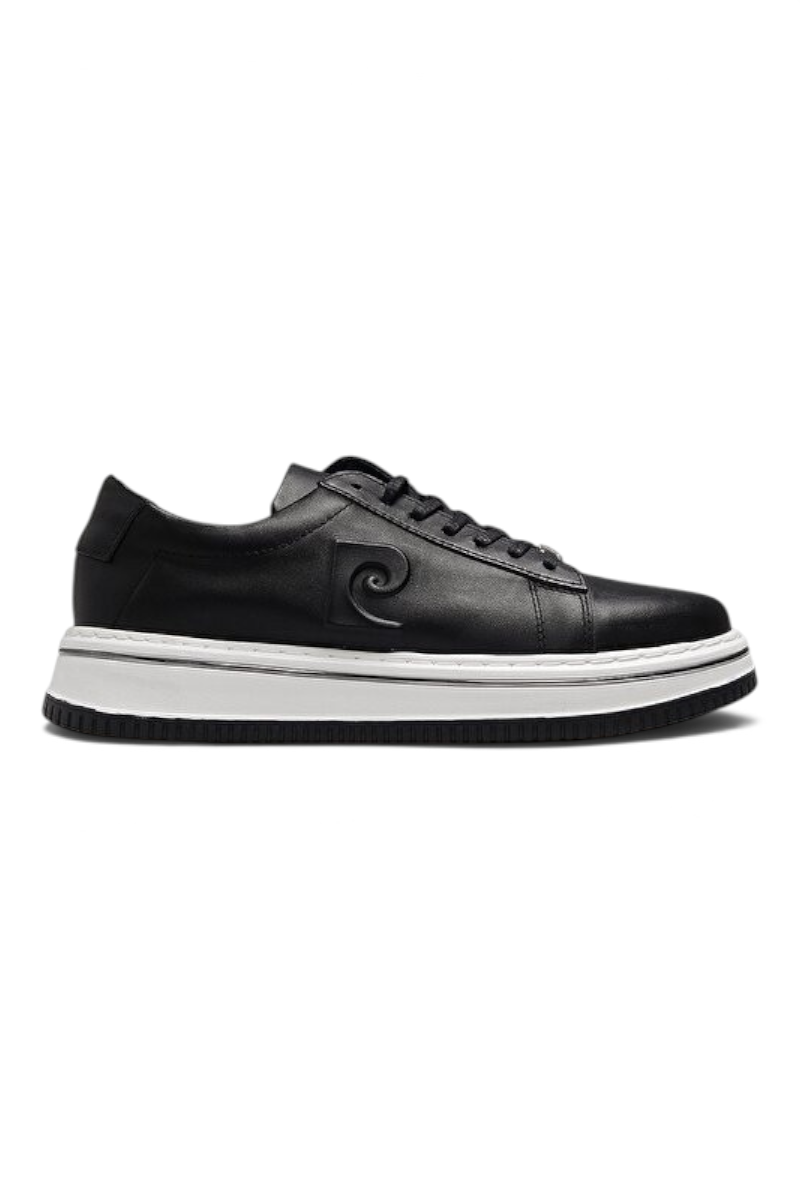 Sporline Pierre Cardin siyah deri erkek sneaker, kalın beyaz tabanlı şık günlük spor ayakkabı tasarımı