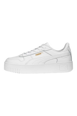 Sporline Puma Carina Street beyaz PU kadın sneaker, yan kısımda altın rengi Puma logosu ve kalın taban tasarımı.