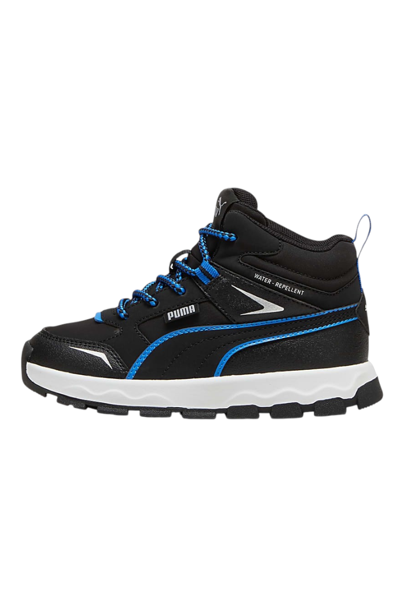 Sporline Puma Evolve Trail siyah ve canlı mavi renkli, su itici özellikli çocuk outdoor spor ayakkabısı