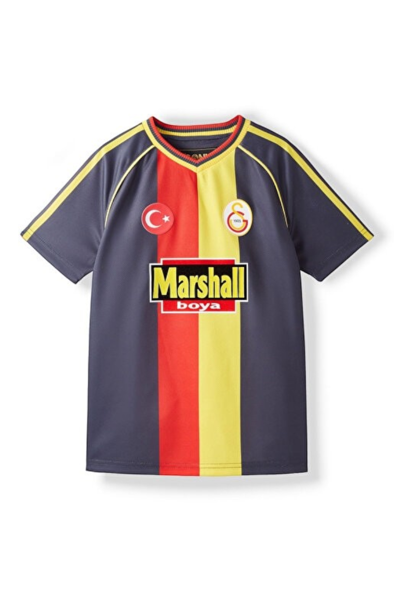 Sporline Puma Galatasaray 1998 çocuk retro forma, füme renkli, %100 polyester, Marshall sponsor logolu tasarım.