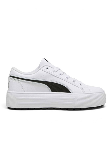 Sporline Puma Kaia 2.0 beyaz deri platform spor ayakkabı, yan kısımlarında siyah ikonik PUMA Formstrip detayı ile.