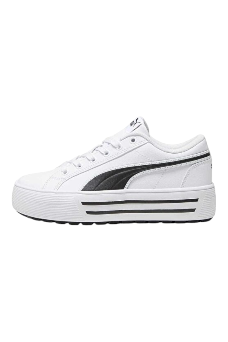 Sporline Puma Kaia 2.0 beyaz deri platform spor ayakkabı, yan kısımlarında siyah Puma Formstrip detayı ile.