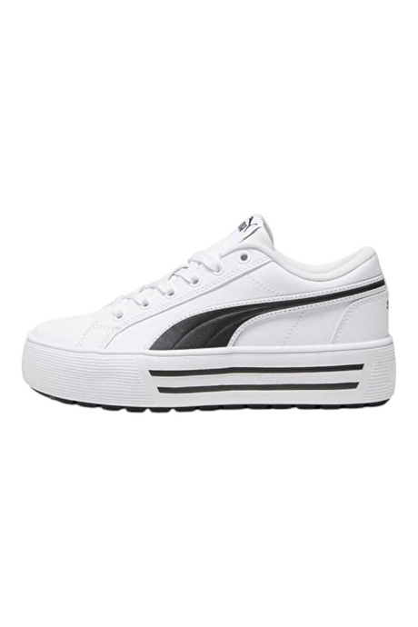 Sporline Puma Kaia 2.0 beyaz deri platform spor ayakkabı, yan kısımlarında siyah Puma Formstrip detayı ile.
