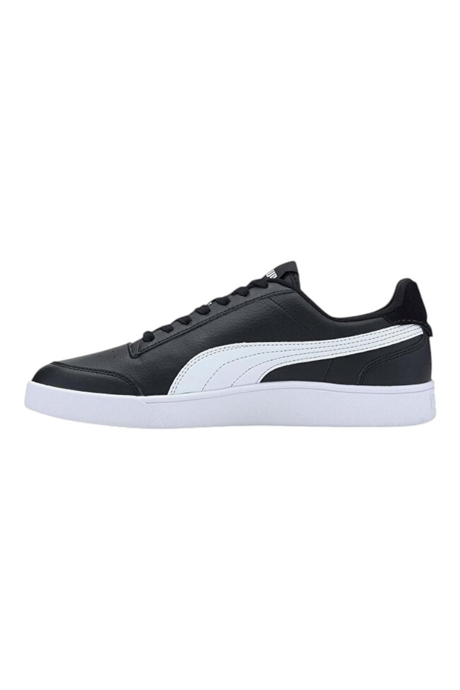 Sporline Puma Shuffle siyah deri günlük spor ayakkabı, yan tarafta beyaz ikonik Puma formstrip detayı ile