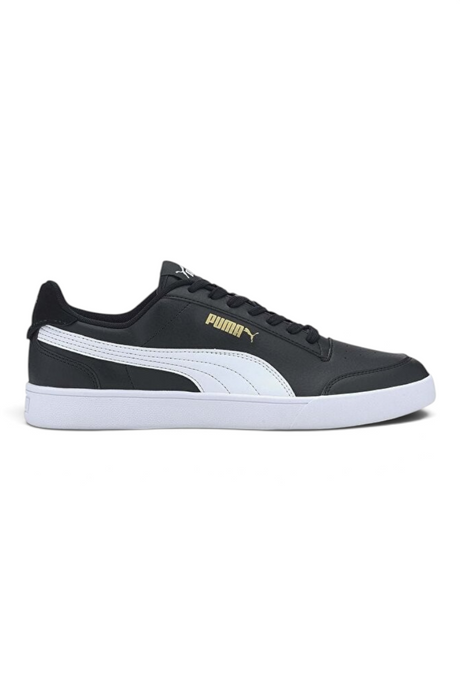 Sporline Puma Shuffle unisex günlük spor ayakkabı, siyah deri yüzey, beyaz detaylar ve altın rengi logo baskılı