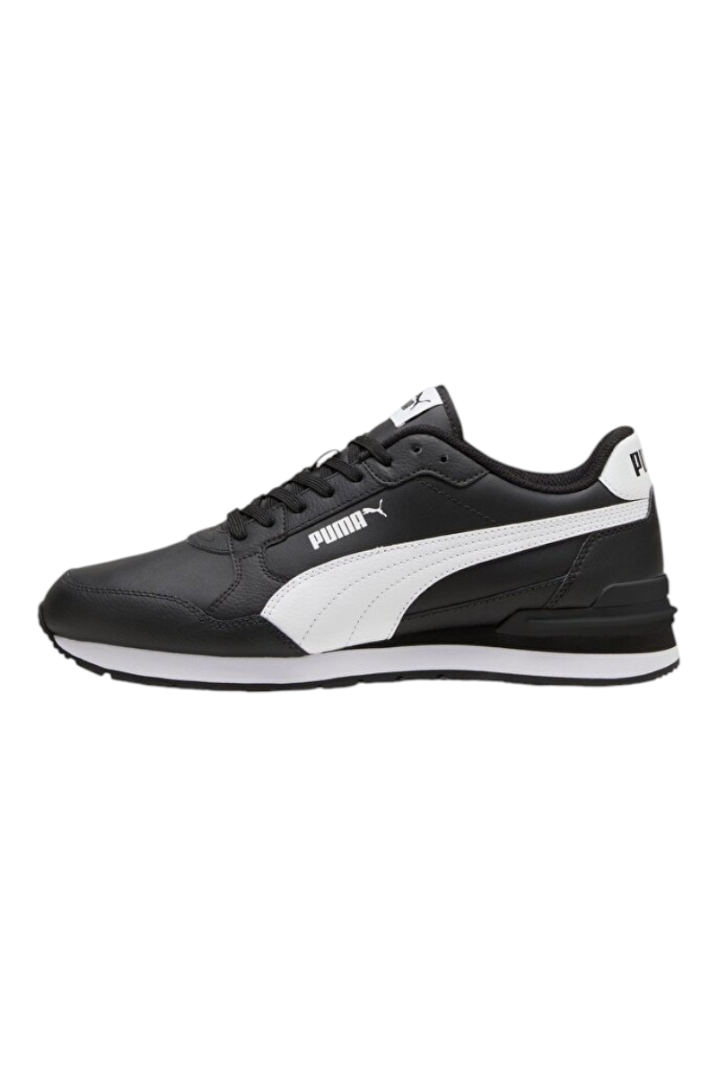 Sporline Puma ST Runner v4 L erkek spor ayakkabı, siyah deri yüzeyli ve beyaz detaylı yan profil görünümü.