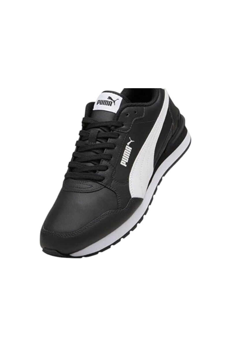 Sporline Puma ST Runner v4 L erkek spor ayakkabı, siyah deri yüzeyli ve beyaz detaylı klasik günlük tasarım