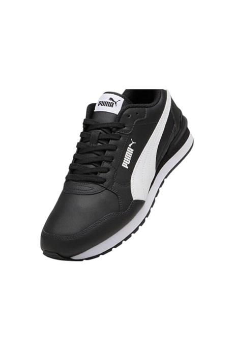 Sporline Puma ST Runner v4 L erkek spor ayakkabı, siyah deri yüzeyli ve beyaz detaylı klasik günlük tasarım