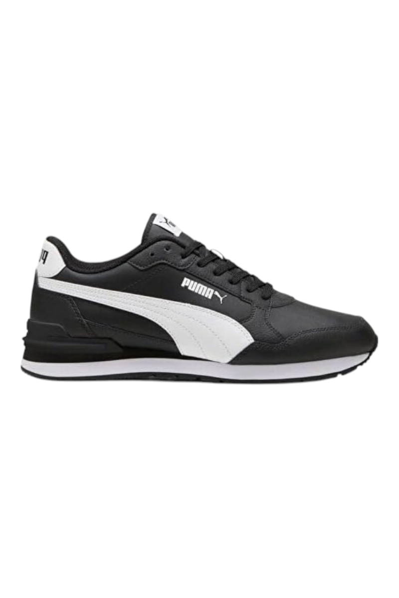Sporline Puma ST Runner v4 L erkek spor ayakkabı, siyah deri yüzeyli ve beyaz detaylı klasik günlük tasarım