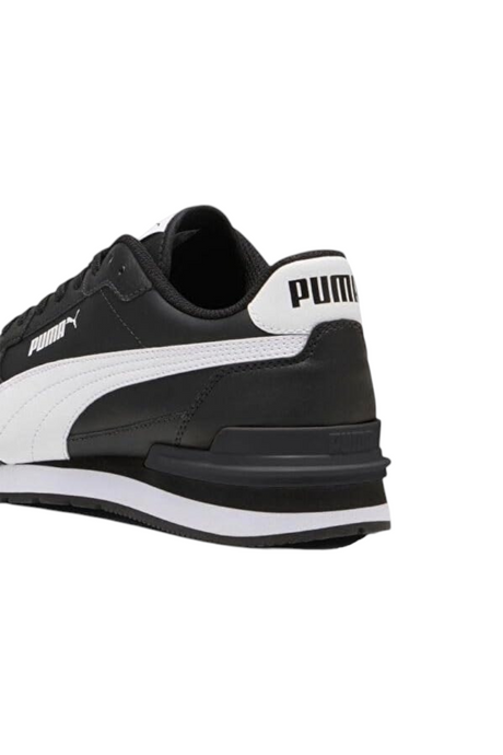 Sporline Puma ST Runner v4 L erkek spor ayakkabı, siyah deri yüzeyli ve beyaz detaylı klasik tasarım