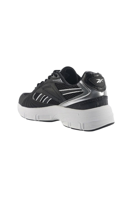 Sporline Reebok siyah kadın sneaker, tekstil ve PU karışımlı, gümüş detaylı, arkadan görünüm.