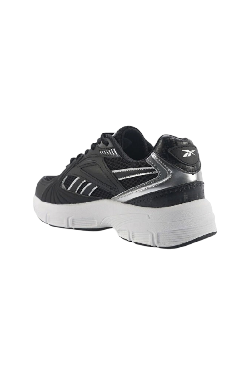 Sporline Reebok siyah kadın sneaker, tekstil ve PU karışımlı, gümüş detaylı, arkadan görünüm.