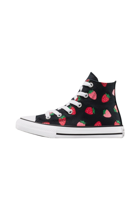 Sporline Converse Chuck Taylor All Star siyah kanvas ayakkabı, üzerinde kırmızı çilek desenleri ve beyaz bağcıklar