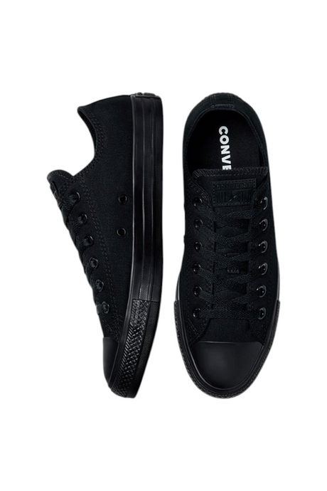 Sporline marka siyah kanvas Converse Chuck Taylor All Star unisex spor ayakkabı, üstten ve yan görünüm