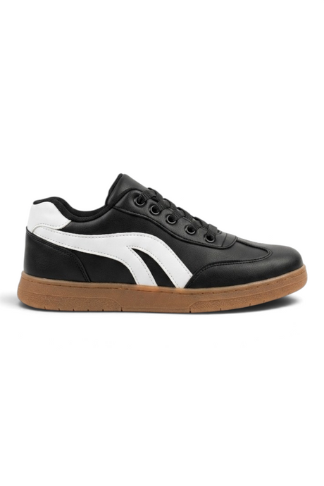 Sporline Park Moda siyah suni deri kadın sneaker, yan kısımlarında beyaz detaylı ve taba rengi tabanlı spor ayakkabı.