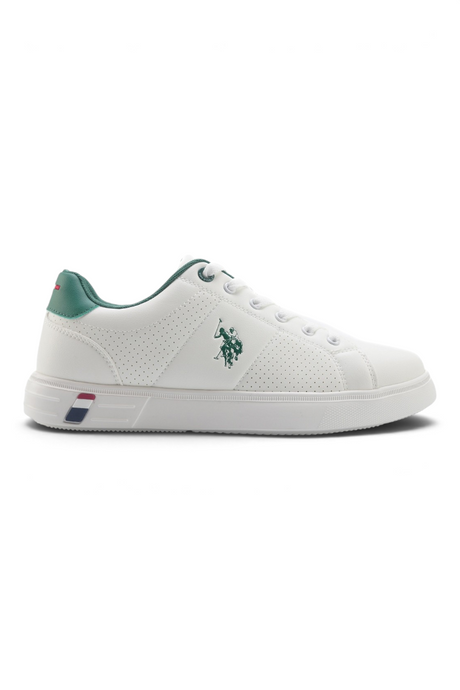 Sporline U.S. Polo Assn. beyaz suni deri erkek sneaker, yan tarafında yeşil logo ve topuk kısmında detaylar içerir.