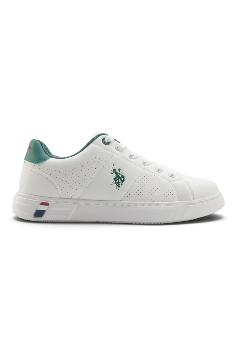 Sporline U.S. Polo Assn. beyaz suni deri erkek sneaker, yan tarafında yeşil logo ve topuk kısmında detaylar içerir.