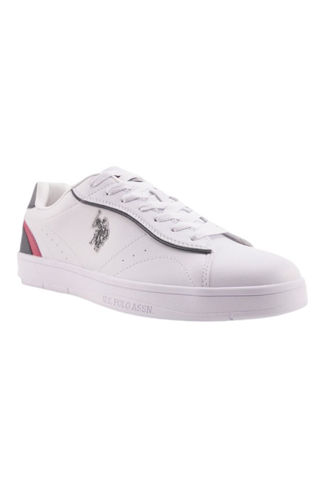 Sporline U.S. Polo Assn. beyaz PU erkek sneaker, yan kısmında marka logolu ve topukta renkli detaylı spor ayakkabı
