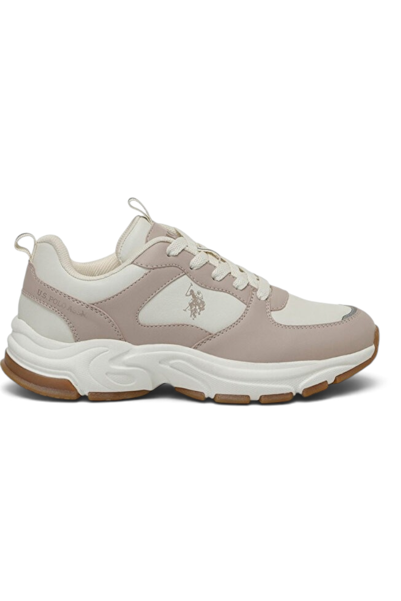 Sporline U.S. Polo Assn. kadın sneaker, açık kahve ve krem renkli, PU malzemeden üretilmiş günlük spor ayakkabı.