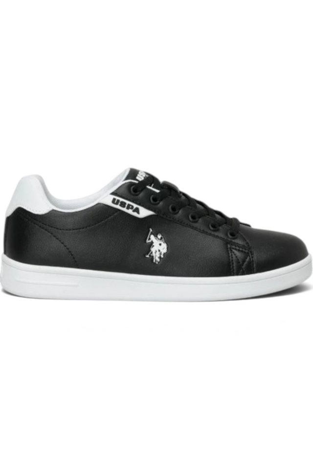 Sporline U.S. Polo Assn. siyah beyaz erkek sneaker, yan profil görünümü ve ikonik logo detaylı günlük spor ayakkabı.