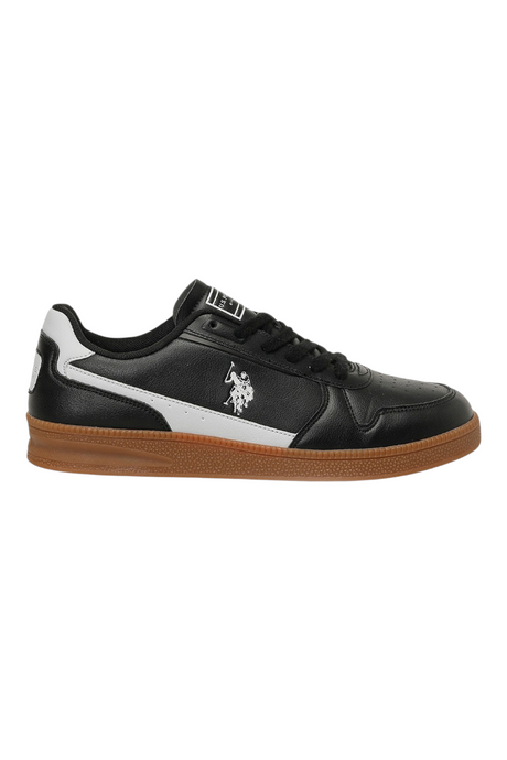 Sporline U.S. Polo Assn. siyah suni deri erkek sneaker, yan tarafında beyaz logo detayı ve taba rengi taban ile.