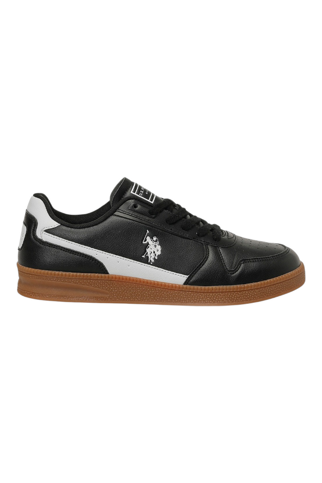 Sporline U.S. Polo Assn. siyah suni deri erkek sneaker, yan tarafında beyaz logo detayı ve taba rengi taban ile.