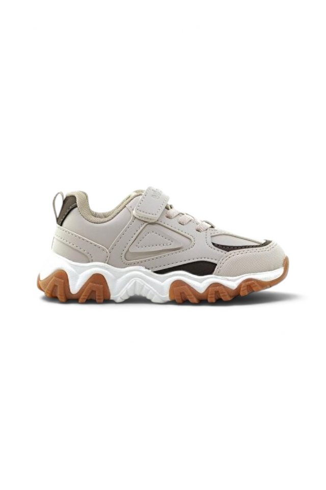 Sporline Vicco bej renkli, suni deri çocuk sneaker ayakkabı, tırtıklı kahverengi tabanlı günlük spor model.
