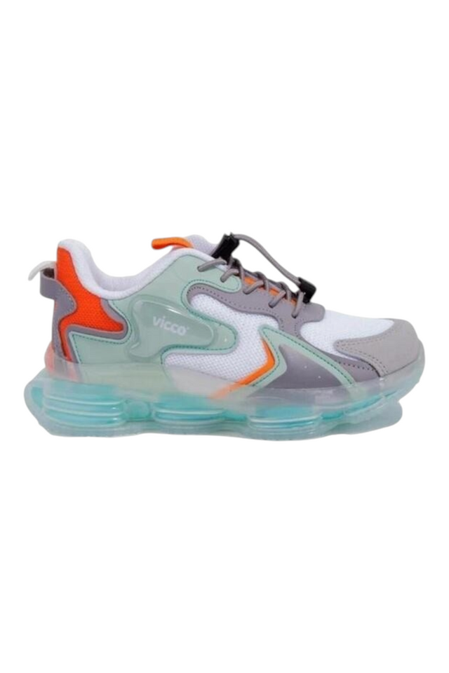 Sporline Vicco beyaz tekstil çocuk sneaker, turuncu ve mint yeşili detaylı, şeffaf tabanlı spor ayakkabı