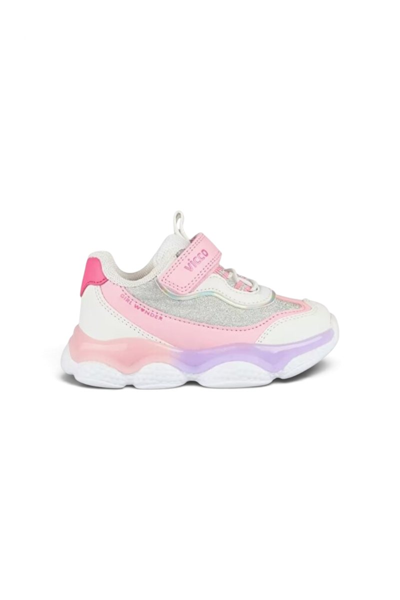 Sporline Vicco beyaz ve pembe suni deri çocuk sneaker, yan tarafında Girl Wonder yazısı ve cırt cırtlı bant detayı