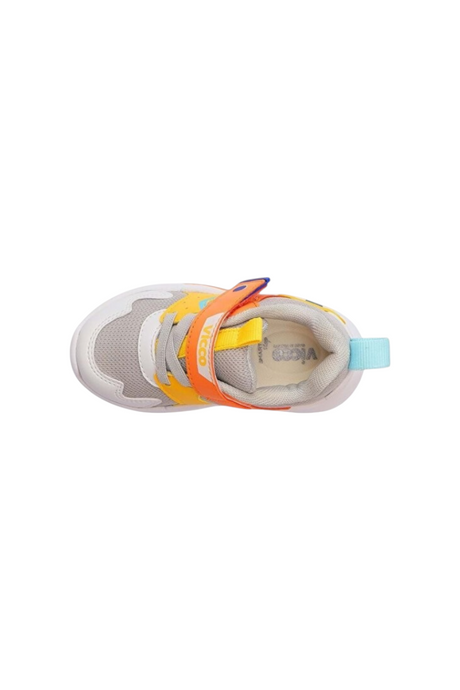 Sporline Vicco gri tekstil çocuk sneaker, turuncu detaylı cırt cırtlı tasarım ve üstten görünüm