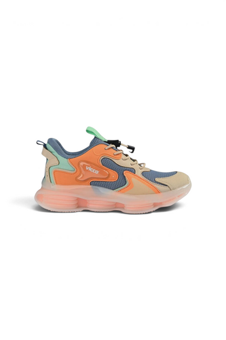 Sporline Vicco çocuk sneaker, mavi, turuncu ve bej renkli deri ve tekstil detaylı, kalın tabanlı spor ayakkabı