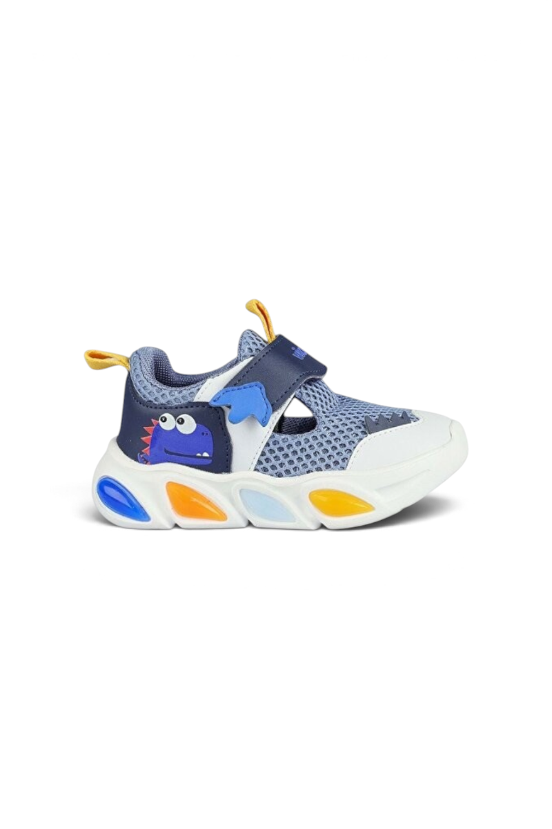 Sporline Vicco mavi tekstil çocuk sneaker, üzerinde sevimli dinozor figürü ve renkli taban detayları bulunuyor.