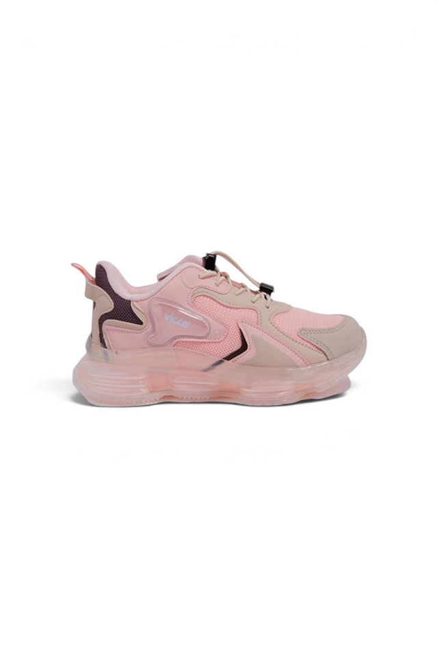 Sporline Vicco pudra pembe suni deri çocuk sneaker, yan profil görünümü ve şeffaf taban detaylı tasarım.