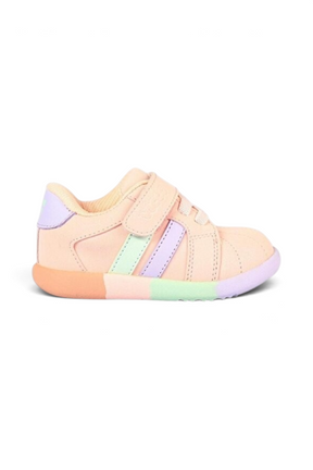 Sporline Vicco pudra pembe suni deri çocuk sneaker, yan kısımlarında renkli şerit detaylı cırt cırtlı spor ayakkabı