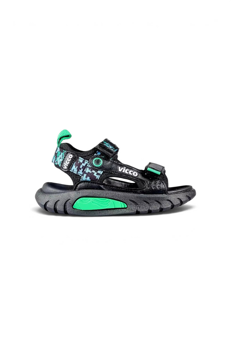 Sporline Vicco siyah renkli, microfiber ve tekstil malzemeden üretilmiş, yeşil detaylı çocuk sandalet