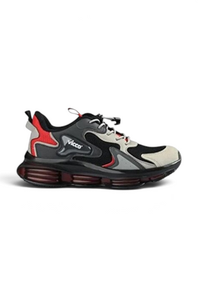 Sporline Vicco siyah suni deri çocuk sneaker, kırmızı detaylı ve kalın tabanlı modern spor ayakkabı tasarımı