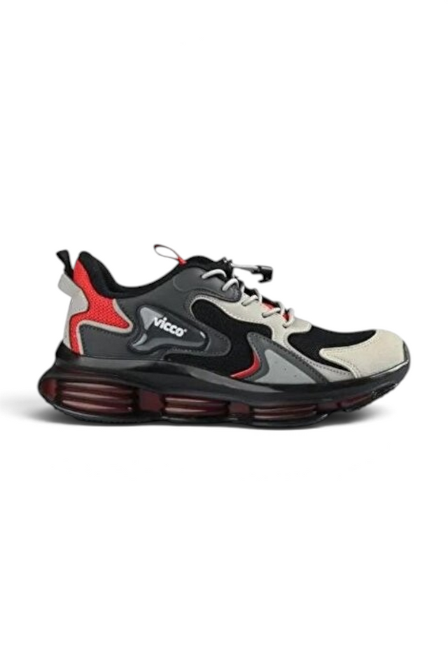 Sporline Vicco siyah suni deri çocuk sneaker, kırmızı detaylı ve kalın tabanlı modern spor ayakkabı tasarımı